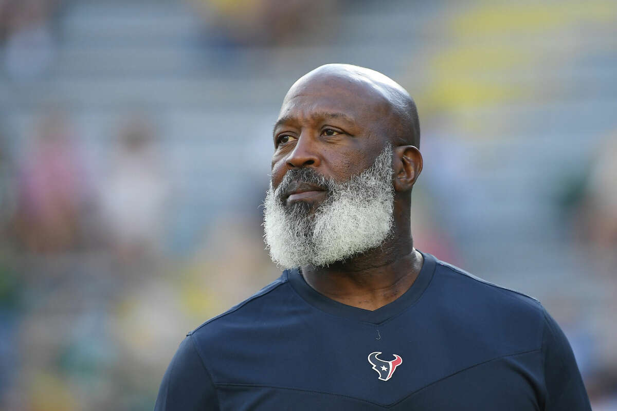 Lovie Smith of the Houston Texans looks on before the preseason game against the Green Bay Packers at Lambeau Field on August 14, 2021 in Green Bay, Wisconsin.