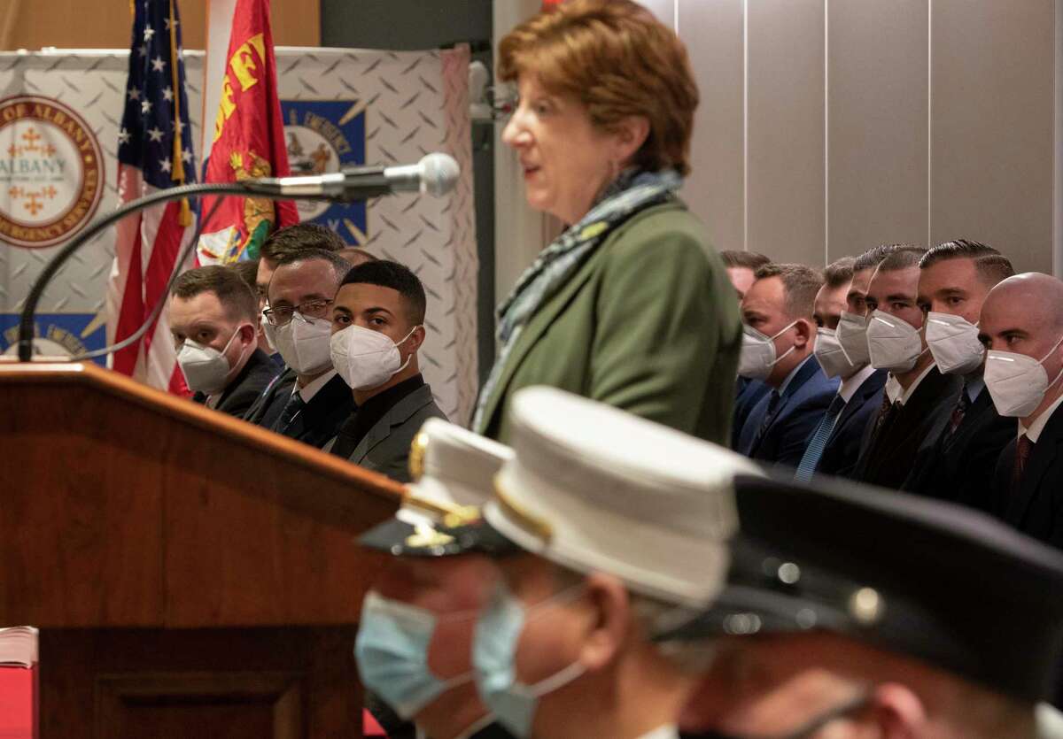 Albany Mayor Kathy Sheehan speaks as she and Albany Fire Chief Joseph Gregory appoint 15 new members to the Albany Fire Department in a ceremony at SUNY Albany ETEC on Monday Feb. 7, 2022 in Albany, N.Y. A city-comissioned study in 2022 found non-union salaries are lagging behind at City Hall.