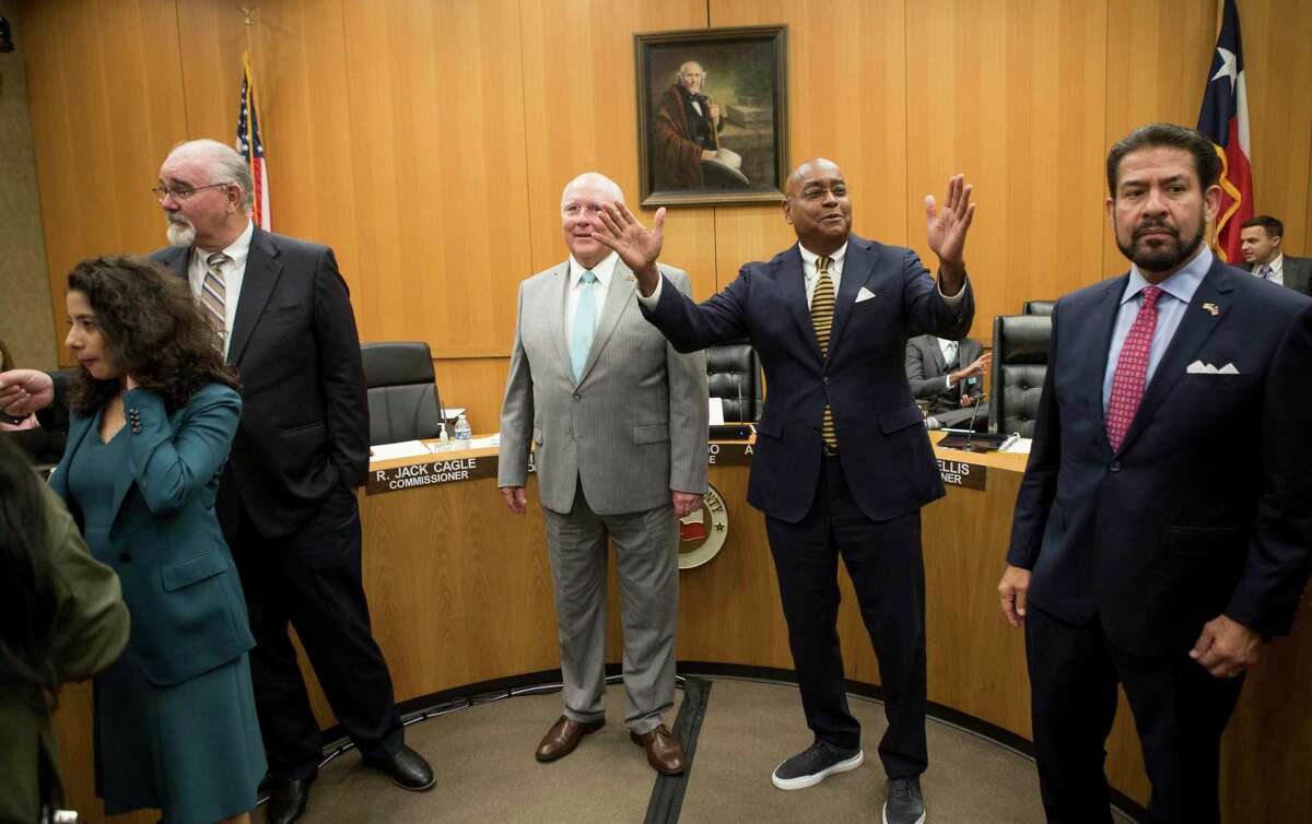 County Judge Lina Hidalgo, left, commissioners Jack Cagle, Tom Ramsey, Rodney Ellis and Adrian Garcia during Harris County Commissioners Court Tuesday, July 20, 2021 in Houston.