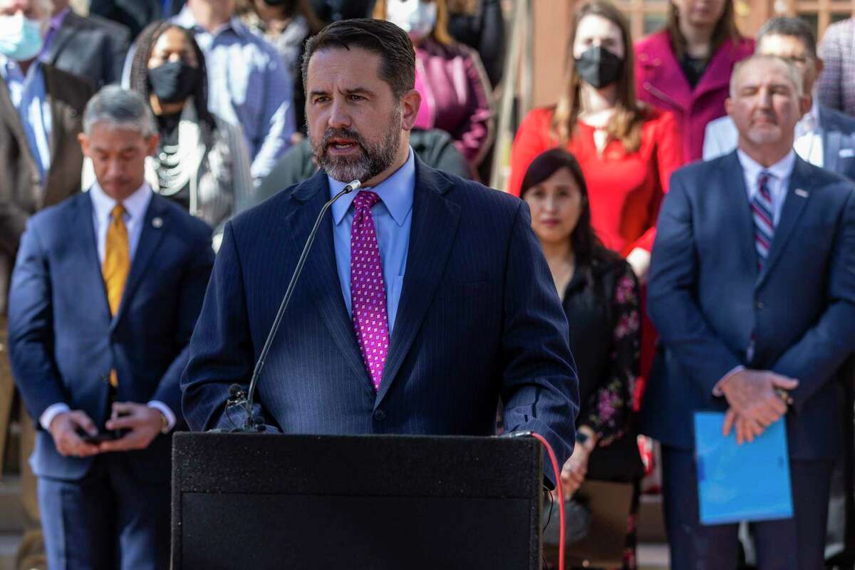 San Antonio city manager Erik Walsh speaks Monday, Feb. 7, 2022 during a press conference at city hall promote the city's sales tax funded Ready to Work job training program.