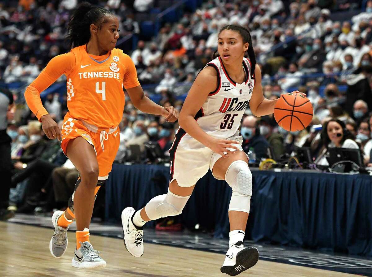 UConn’s Azzi Fudd is guarded by Tennessee’s Jordan Walker in the second half on Feb. 6 in Hartford.