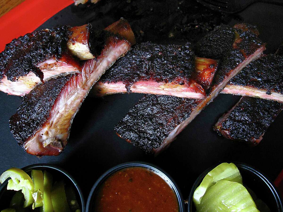 A half-rack of St. Louis pork ribs from Black Board Bar B Q on Sisterdale Road outside Boerne.