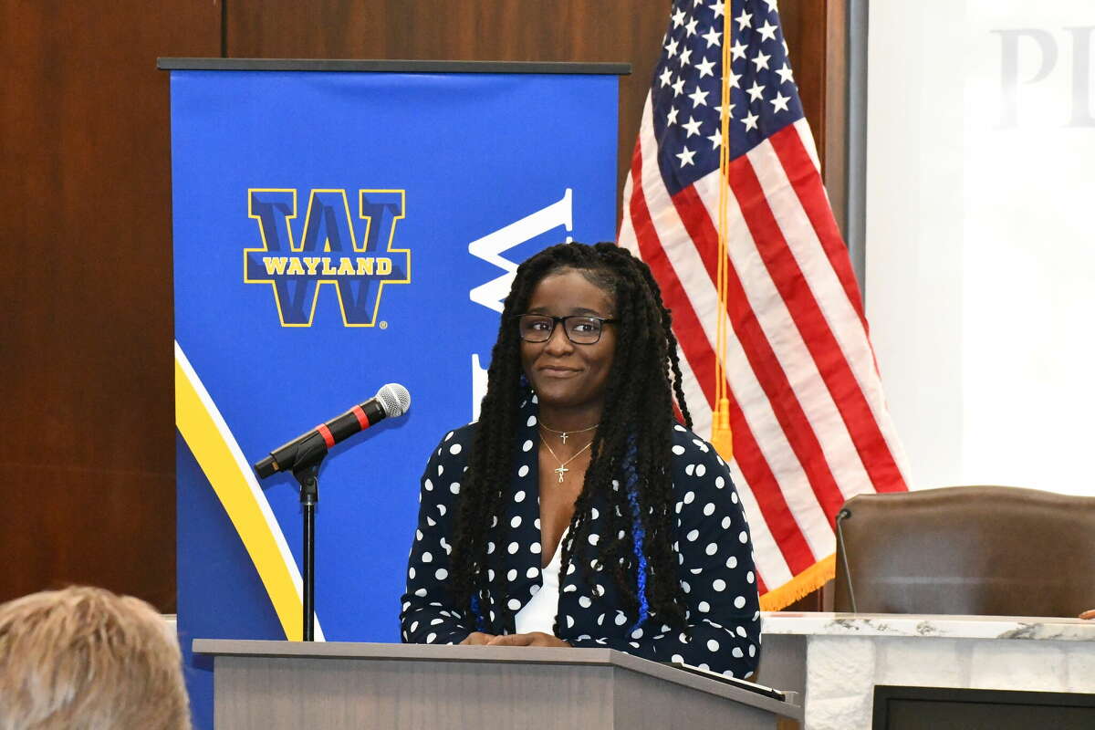 Olympic Athlete Tamyra Mensah-Stock was in Plainview Monday (Feb. 7, 2022) morning. She took some time to talk to leaders from her alma mater, Wayland Baptist University, and to visit with community members who turned out for her welcome.