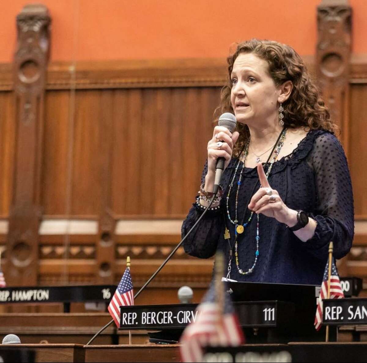 State Rep. Aimee Berger-Girvalo last week announced her reelection campaign to represent Ridgefield in the General Assembly in Hartford. Pictured, Berger-Girvalo speaks on the House floor.