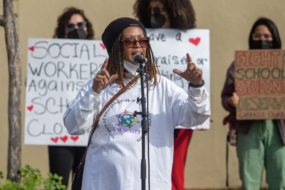 "This is home," said Prescott School Principal Enomwoyi Booker during her address to the crowd against school closures during the Oakland School Solidarity Rally and 4Peace Community Walk on Saturday morning, Feb. 5, 2022. 