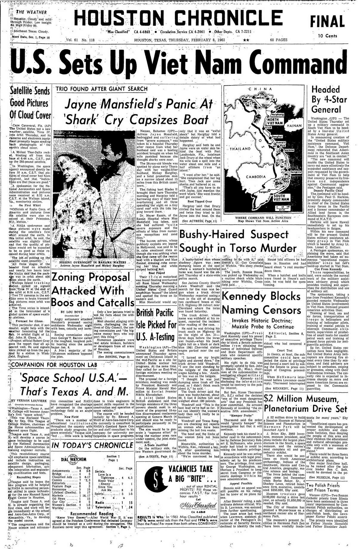 Houston Chronicle front page from Feb. 2, 1962.
