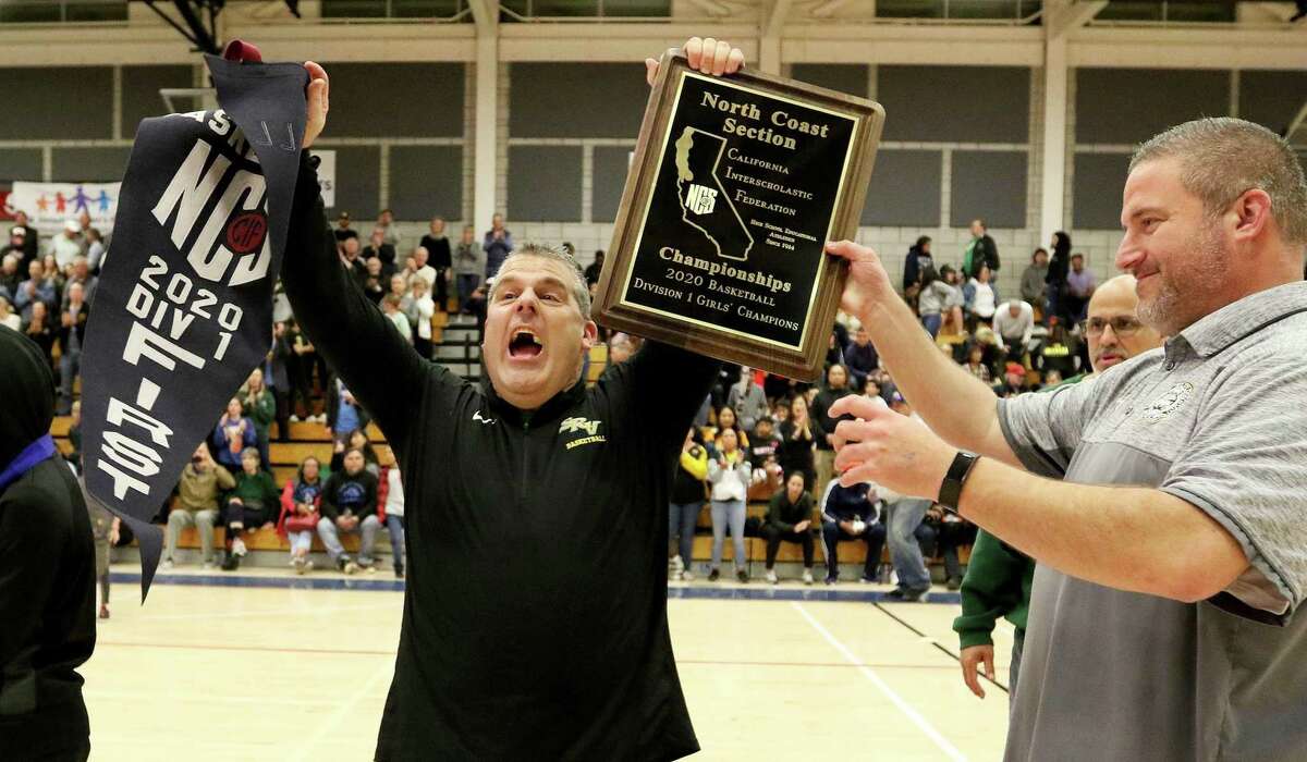 San Ramon Valley-Danville girls basketball coach John Cristiano is shown at the 2020 North Coast Section Division I championship game when the Wolves won the title over San Leandro, 60-44.