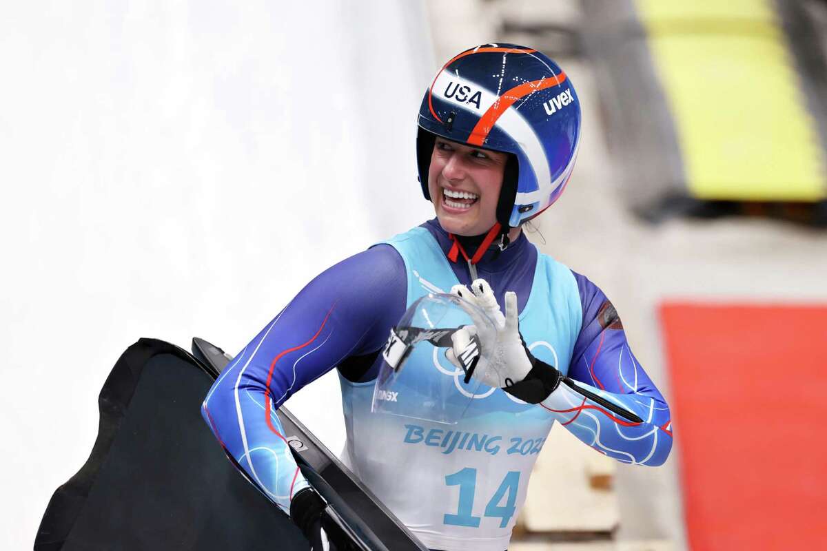 YANQING, CHINA - FEBRUARY 08: Emily Sweeney of Team United States reacts after her Women's Singles Luge Run 3 on day four of the Beijing 2022 Winter Olympic Games at National Sliding Centre on February 08, 2022 in Yanqing, China. (Photo by Alex Pantling/Getty Images)