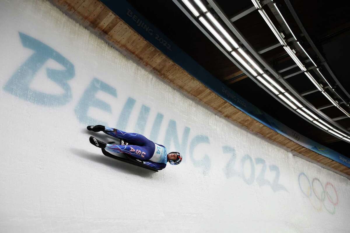 YANQING, CHINA - FEBRUARY 08: Emily Sweeney of Team United States slides during the Women's Singles Luge Run 3 on day four of the Beijing 2022 Winter Olympic Games at National Sliding Centre on February 08, 2022 in Yanqing, China. (Photo by Adam Pretty/Getty Images)