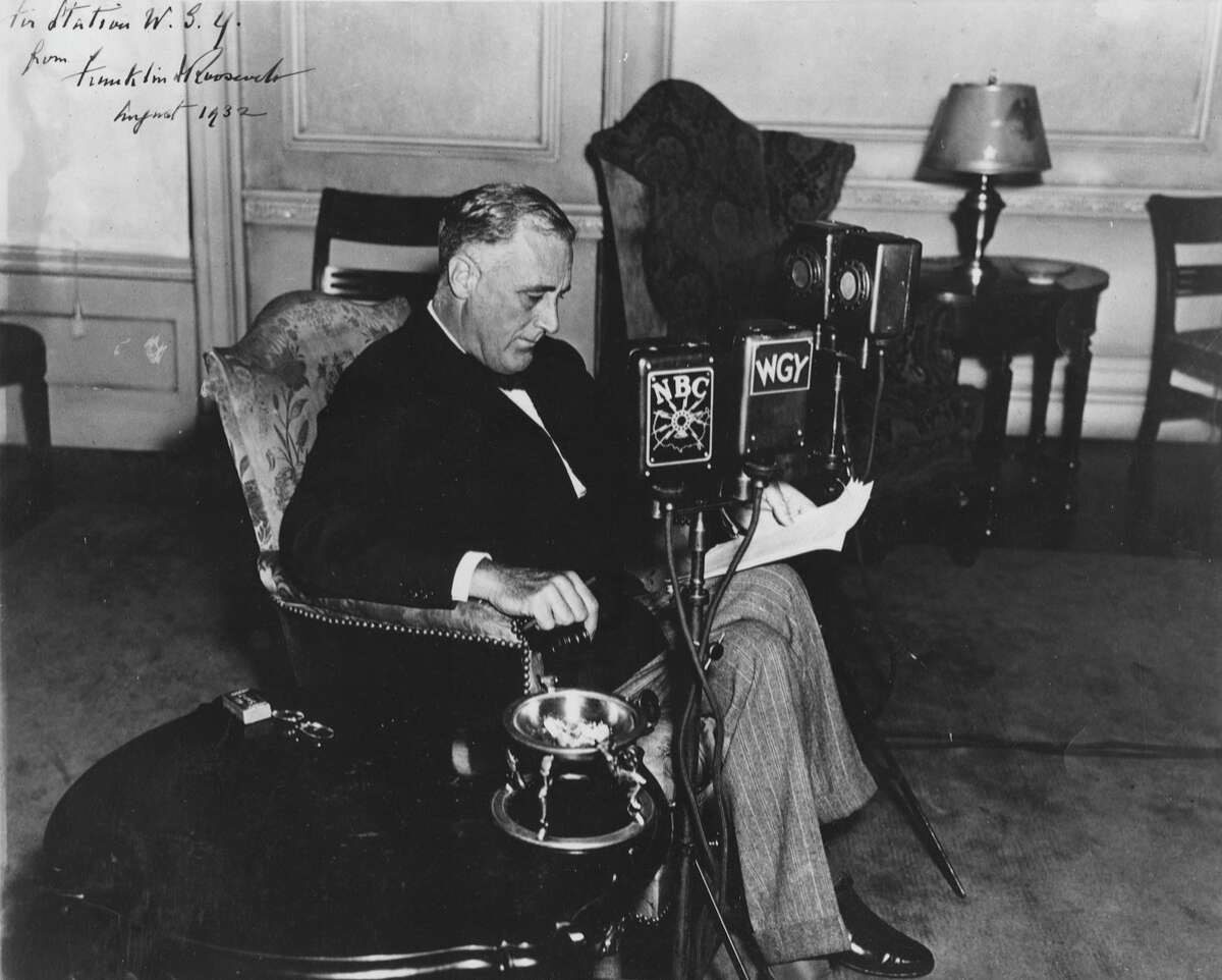 Gov. Franklin D. Roosevelt delivers an address over WGY in August 1932, a decade after the station went on the air. Elected president later the same year, Roosevelt used radio “fireside chats” to share his agenda through the Depression and, later, World War II. (Courtesy: Museum of Innovation and Science/ WGY)  