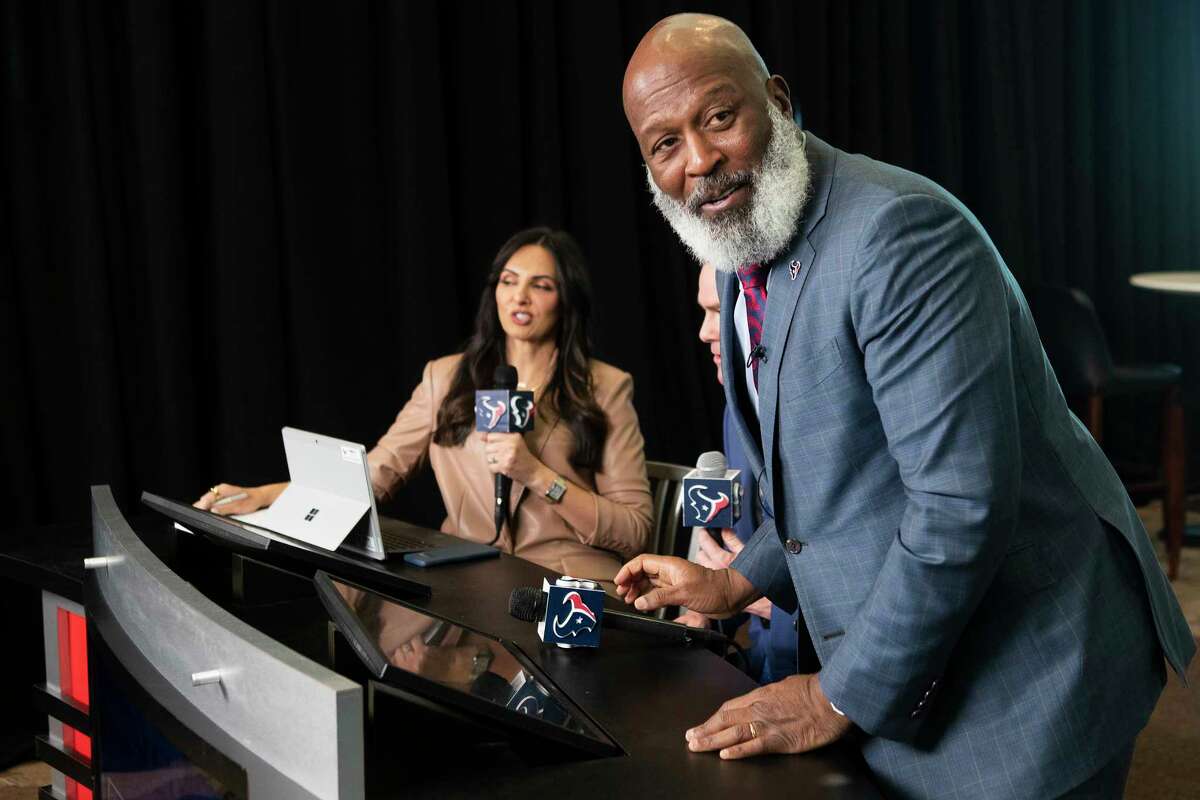 Lovie Smith gets up from an interview with Texans TV after he was introduced as the Houston Texans new head coach Tuesday, Feb. 8, 2022, in Houston. Smith is the fifth head coach in franchise history.