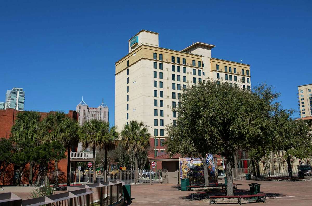 The Staybridge Suites in San Antonio, Texas, as seen on Feb.  8, 2022. The group attempting to turn St. Paul Square into a nightlife destination has purchased the 11-story Staybridge Suites with plans to renovate the hotel.