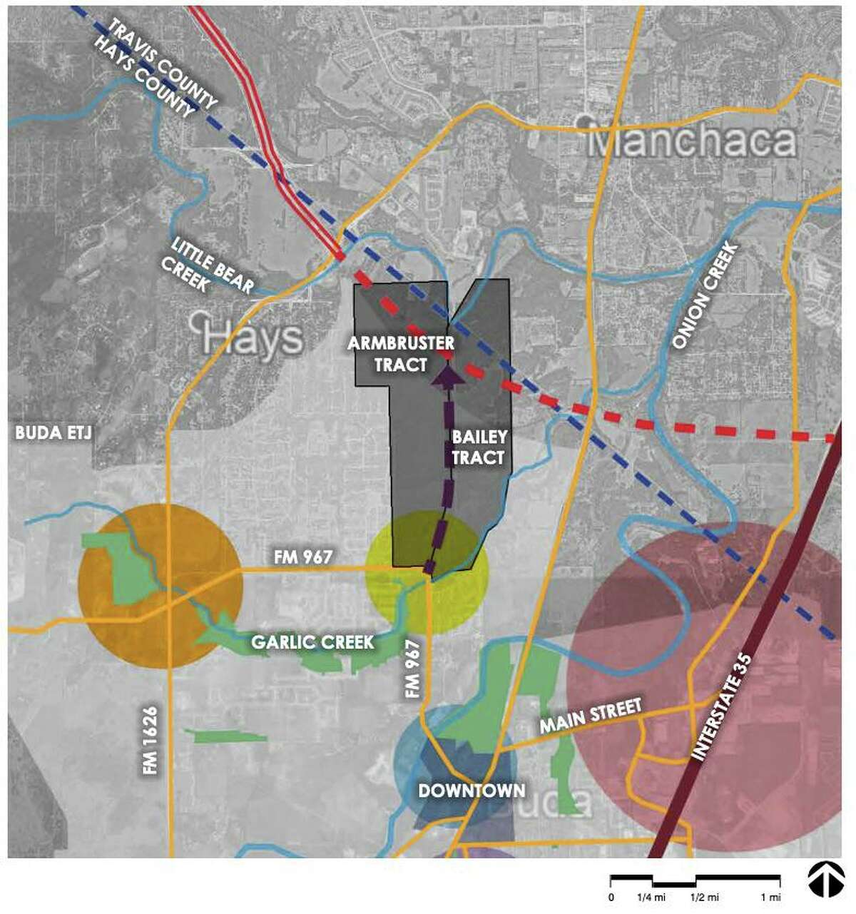 A rendering shows the Bailey and Armbruster tracts for the Persimmon development. About 60% of the development will be in Buda and its ETJ, while the rest will be in Austin’s ETJ.