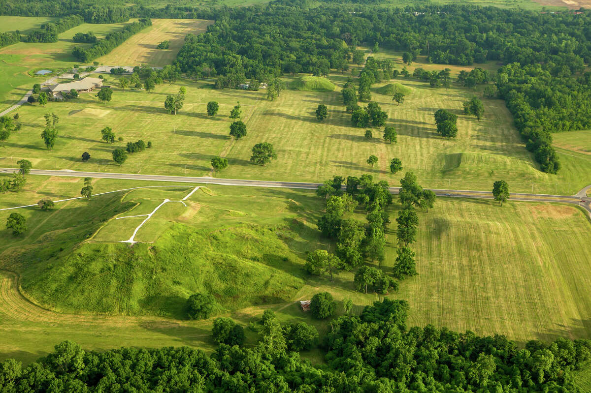 Aerial view of Cahokia Mounds ancient Native American burial mounds near Collinsville.