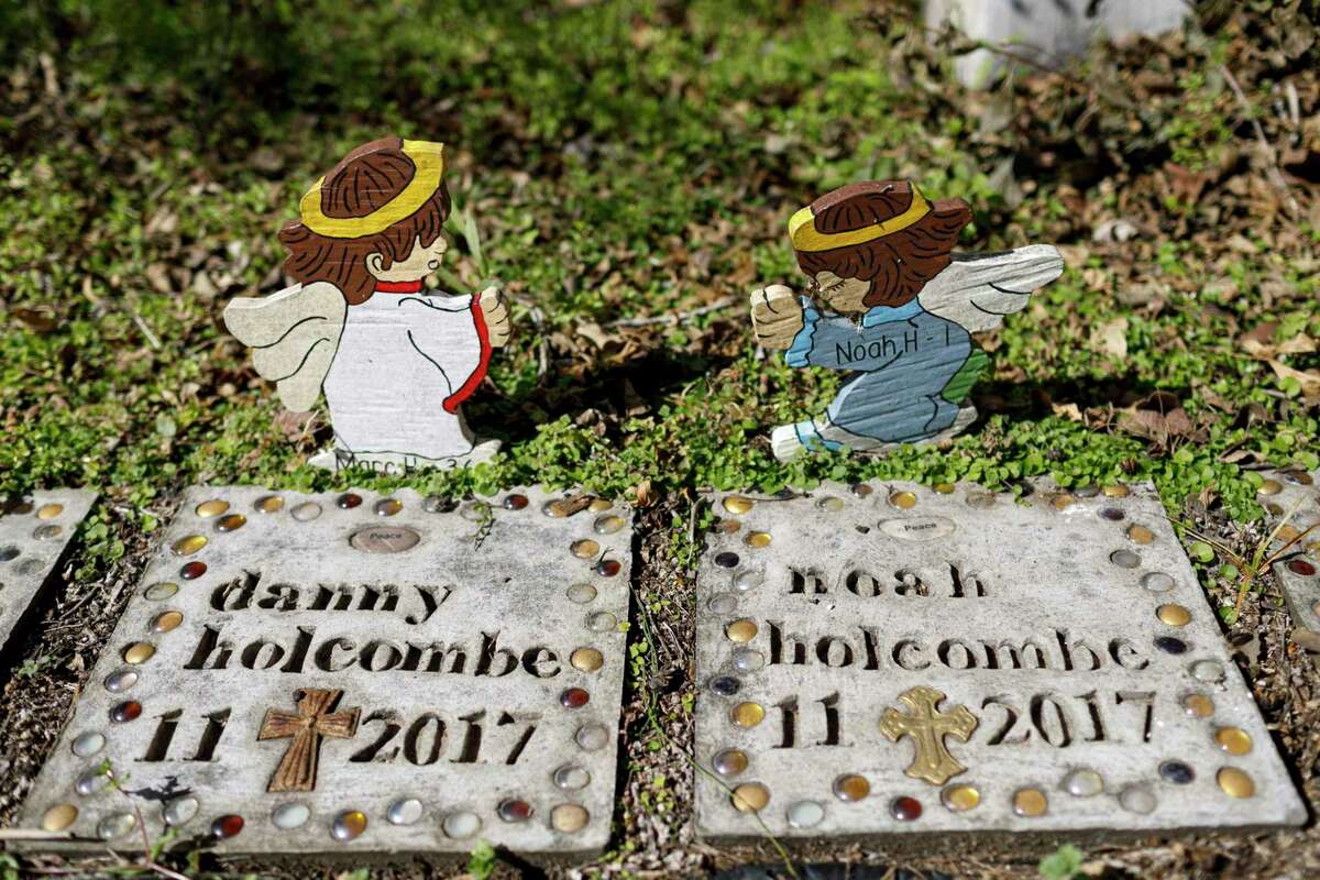 Memorial stones and angels honoring Danny and Noah Holcombe were placed outside of the old First Baptist Church of Sutherland Springs. On Nov. 5, 2017, a gunman killed 26 worshipers in the church, including Danny and Noah.