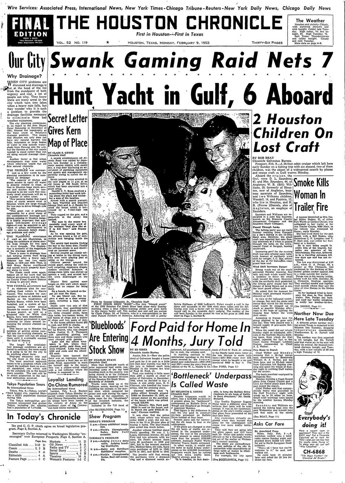 Houston Chronicle front page from Feb. 9, 1953.