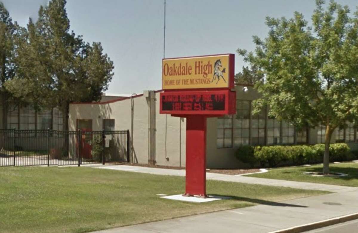 A sign for Oakdale High School. Hundreds of students in Oakdale schools protested mask mandates last week, prompting the school superintendent to stop accomodating protesters and to cancel a school board meeting as police investigate a threat of violence.