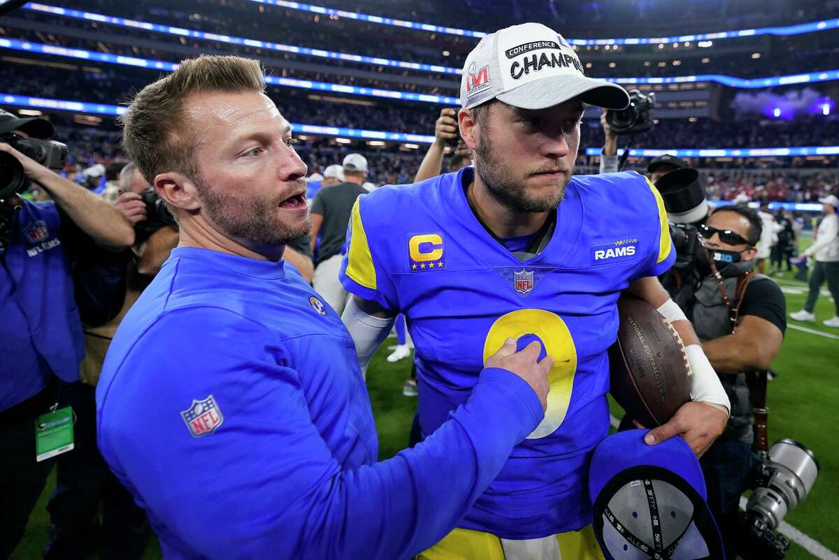 Rams head coach Sean McVay and quarterback Matthew Stafford after defeating the 49ers in the NFC Championship Game.