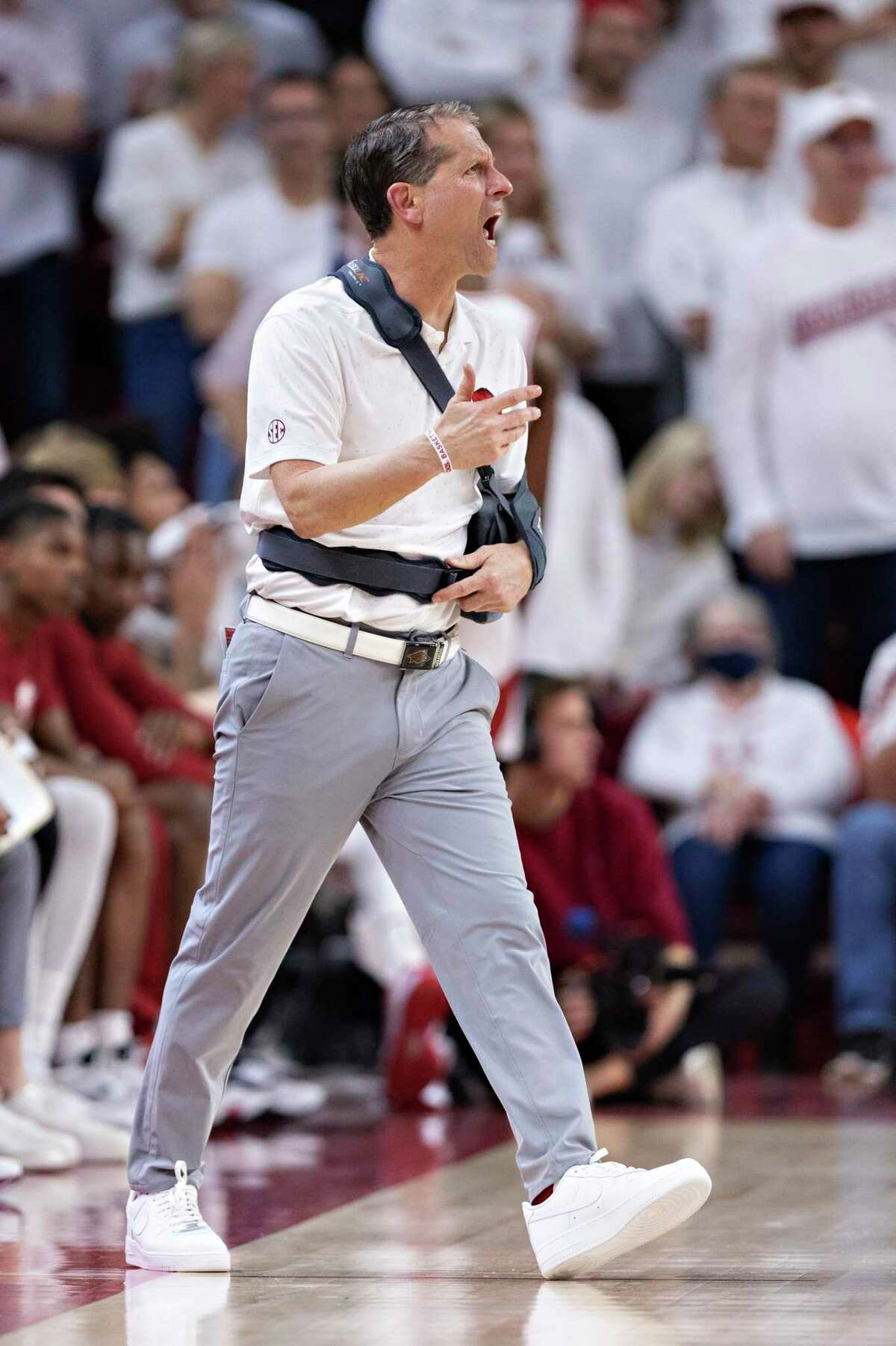 FAYETTEVILLE, ARKANSAS - FEBRUARY 08: Head Coach Eric Musselman yells at his team in the first half of a game against the Auburn Tigers at Bud Walton Arena on February 08, 2022 in Fayetteville, Arkansas. (Photo by Wesley Hitt/Getty Images)