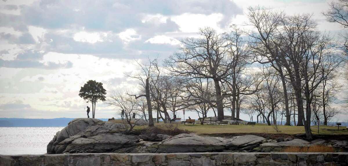 Visitors to Cove Island Park in Stamford, Connecticut take in the views of the Long Island Sound on Jan. 1, 2020.