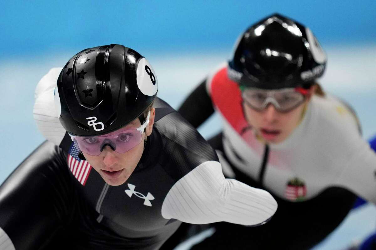 Kristen Santos of the United States, races in her heat of the women's 1000-meters during the short track speedskating competition at the 2022 Winter Olympics, Wednesday, Feb. 9, 2022, in Beijing. (AP Photo/Bernat Armangue)