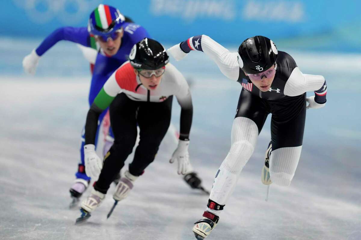 Kristen Santos of the United States, races in her heat of the women's 1000-meters during the short track speedskating competition at the 2022 Winter Olympics, Wednesday, Feb. 9, 2022, in Beijing. (AP Photo/Natacha Pisarenko)