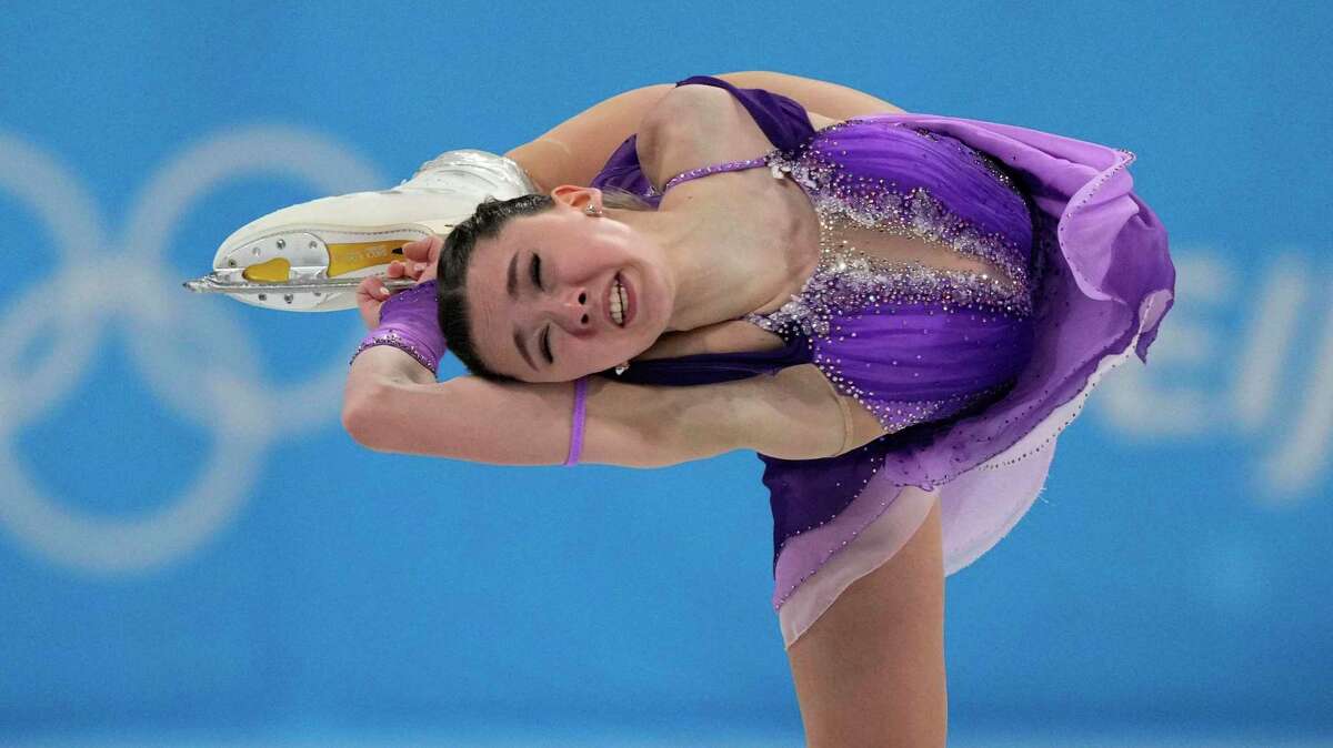 Kamila Valieva, of the Russian Olympic Committee, competes in the women's short program team figure skating competition at the 2022 Winter Olympics, Sunday, Feb. 6, 2022, in Beijing. (AP Photo/Bernat Armangue)