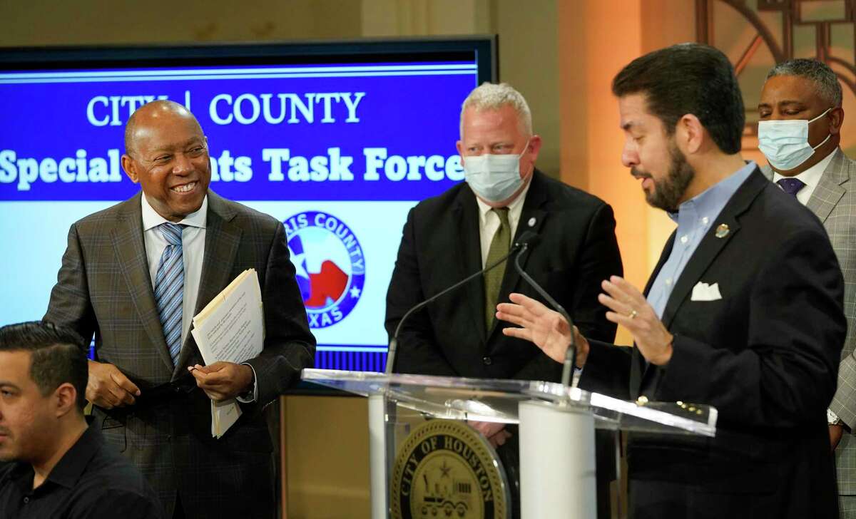 Houston Mayor Sylvester Turner, left, and Adrian Garcia, Harris County Precinct 2 Commissioner, are shown during an announcement about the creation of a Special Events Task Force Wednesday, Feb. 9, 2022 in Houston. speaks during an announcement about the creation of the Houston-Harris Special Events Task Force Wednesday, Feb. 9, 2022 in Houston.