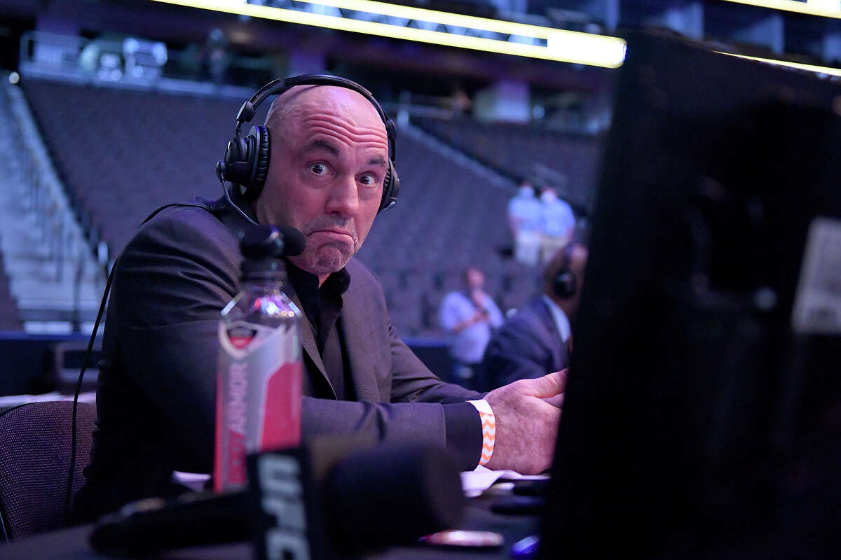 Announcer Joe Rogan reacts during UFC 249 at VyStar Veterans Memorial Arena on May 9, 2020, in Jacksonville, Fla. 