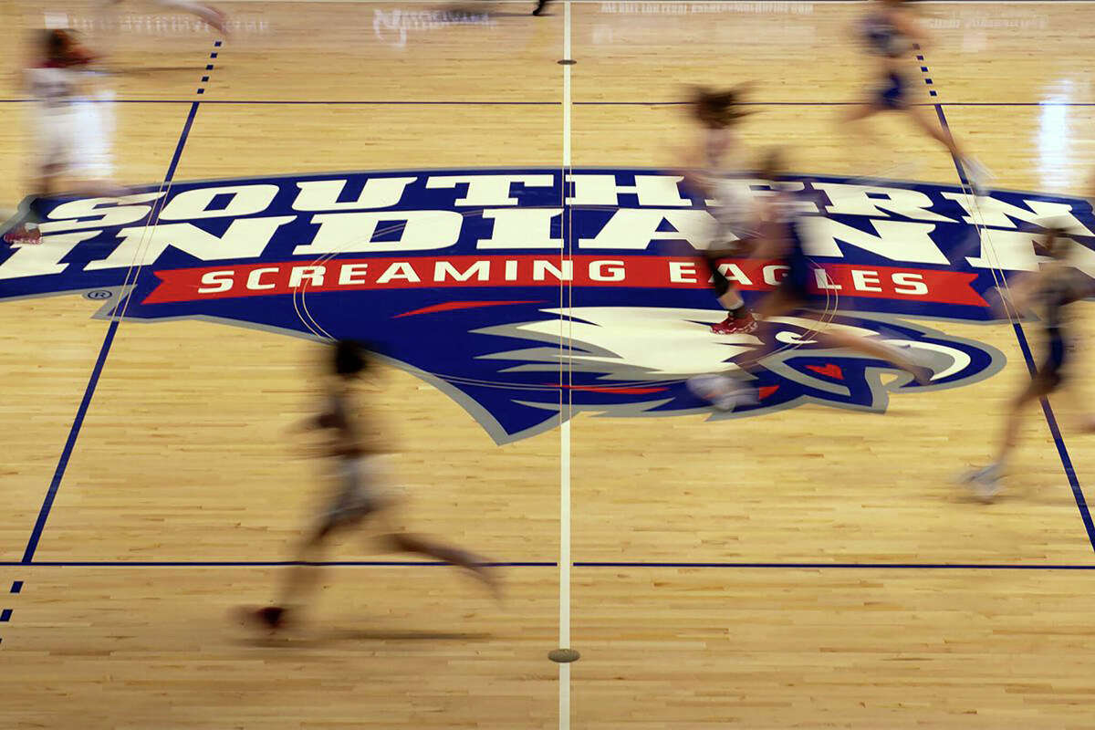 The gym floor at Southern Indiana sports the team's Screaming Eagles logo. USI has announced it will join the Ohio Valley Conference.