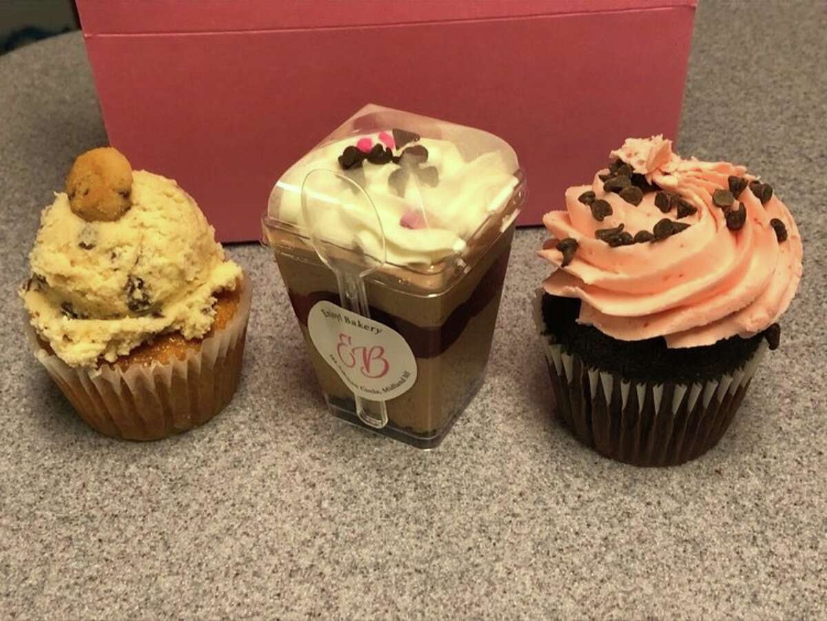 Pictured are the chocolate chip cookie cupcake, raspberry chocolate mousse cup and chocolate covered strawberry cupcake from Enjoy Bakery.