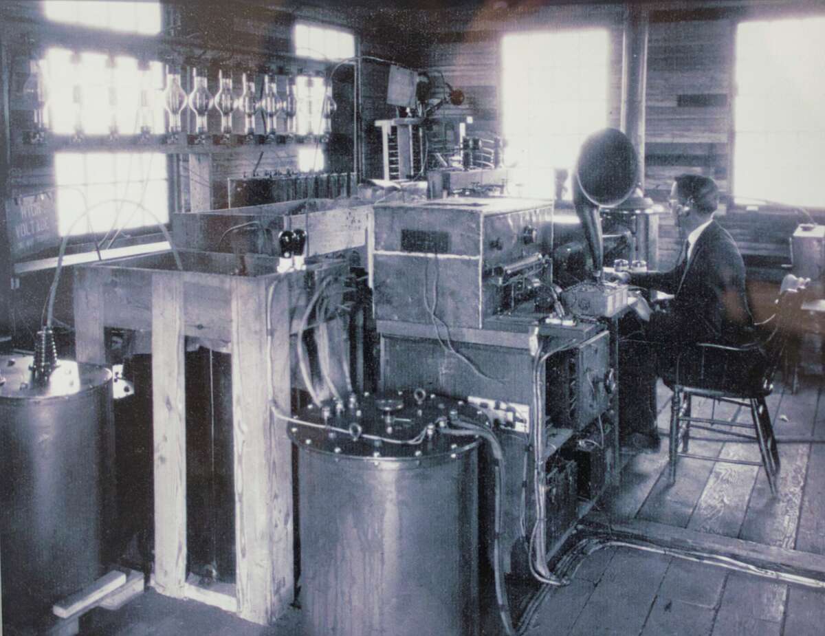 A copy of a photo showing a WGY transmitting station from 1925, seen here in a exhibit at MiSci Museum of Innovation and Science on Tuesday, Feb. 8, 2022, in Schenectady, N.Y.