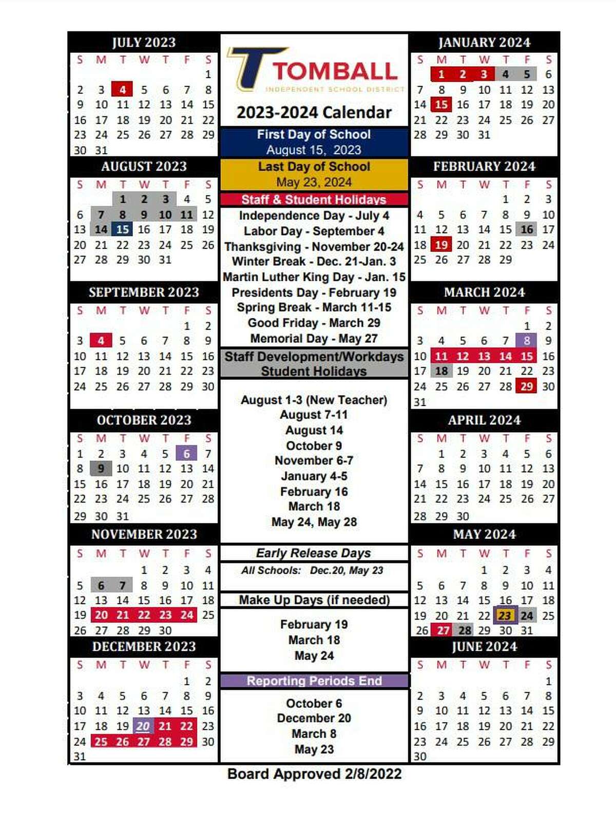 The Tomball ISD school board approved the instructional calendar for the 2023-2024 school year during the Feb. 8 meeting.