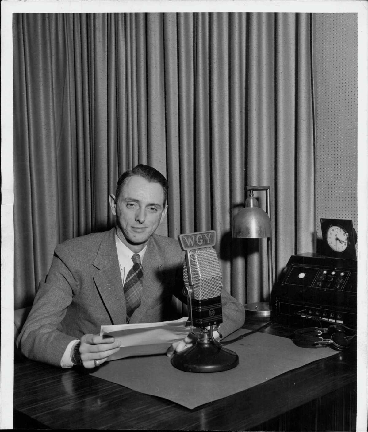 WGY Radio Farm Editor Don Tuttle ready to broadcast. July 30, 1958 (Times Union Archive)