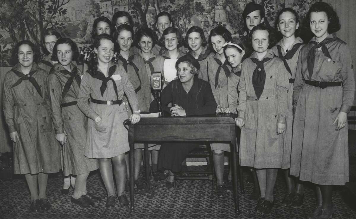 Mrs. Herbert Lehman and girl scouts broadcast over WGY. March 28, 1935 (Times Union Archive)