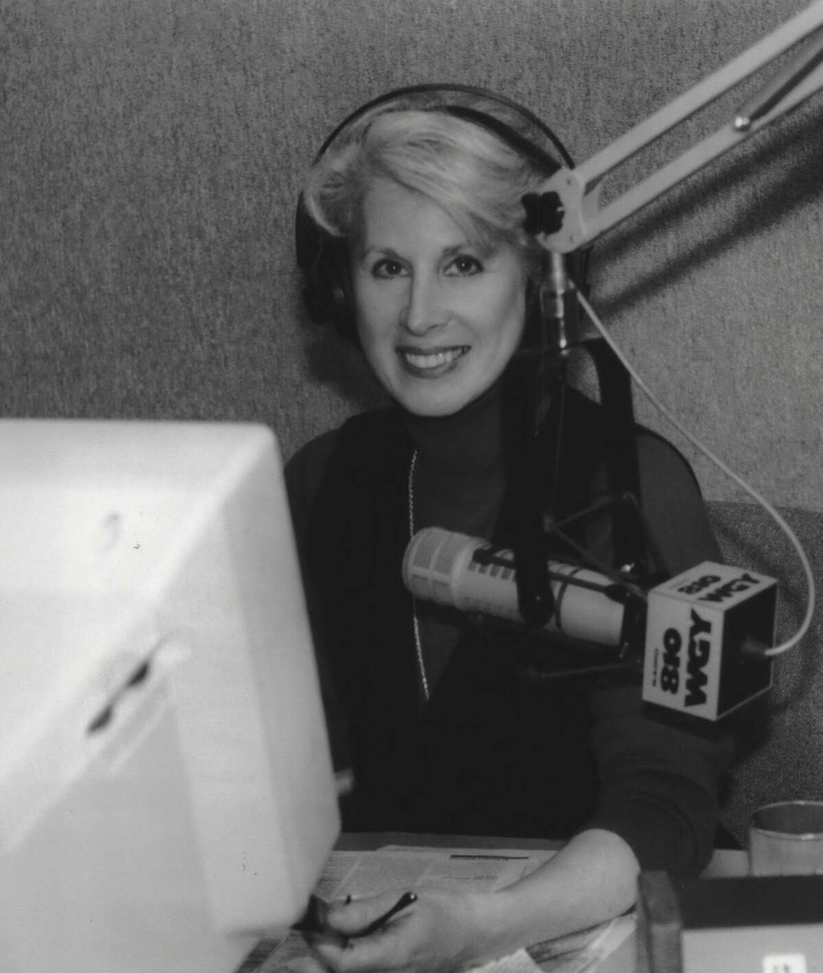 WGY radio talk show host Myrna Lamb in Albany, New York studio. Oct. 10, 1994 (Paul D. Kniskern, Sr./Times Union Archive)