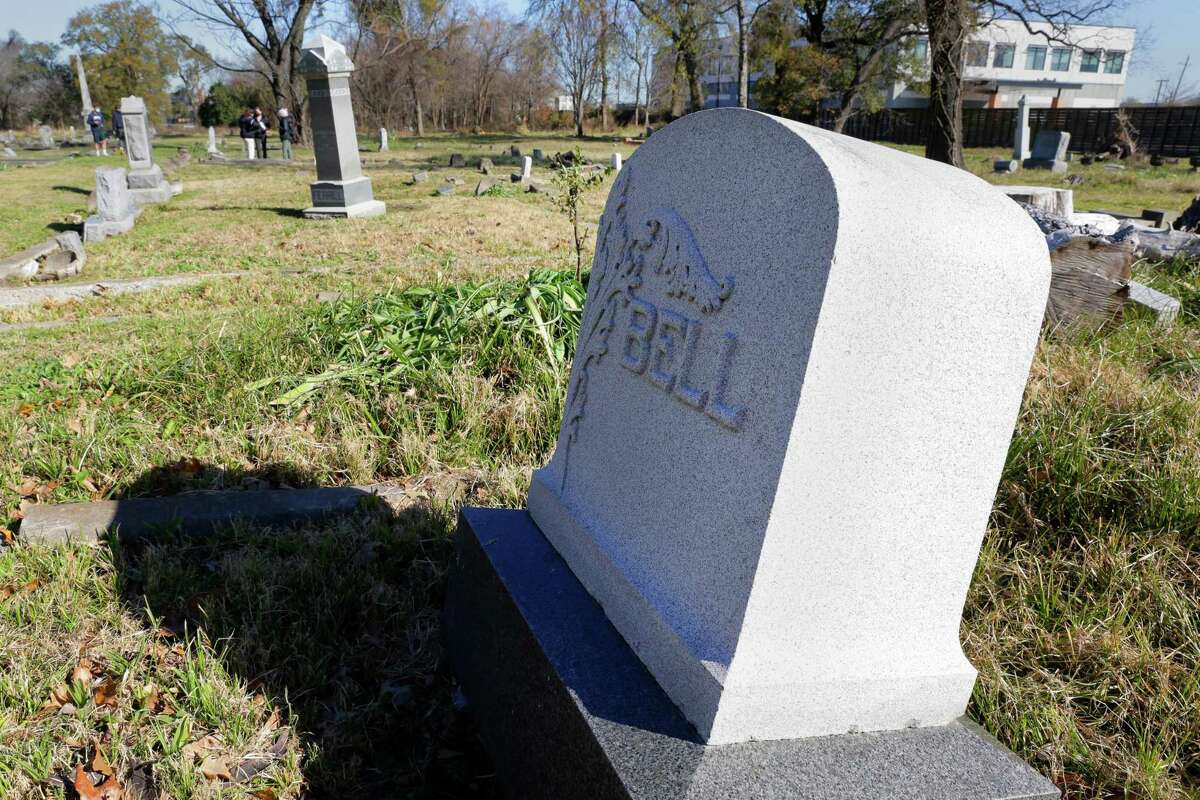 The grave of John Brown Bell at the historically black Olivewood cemetery Saturday, Feb. 5, 2022 in Houston, TX. Bell, who was born in 1858 and came to Texas as a child with his enslaved mother, went on to accumulate a substantial fortune in Houston real estate.