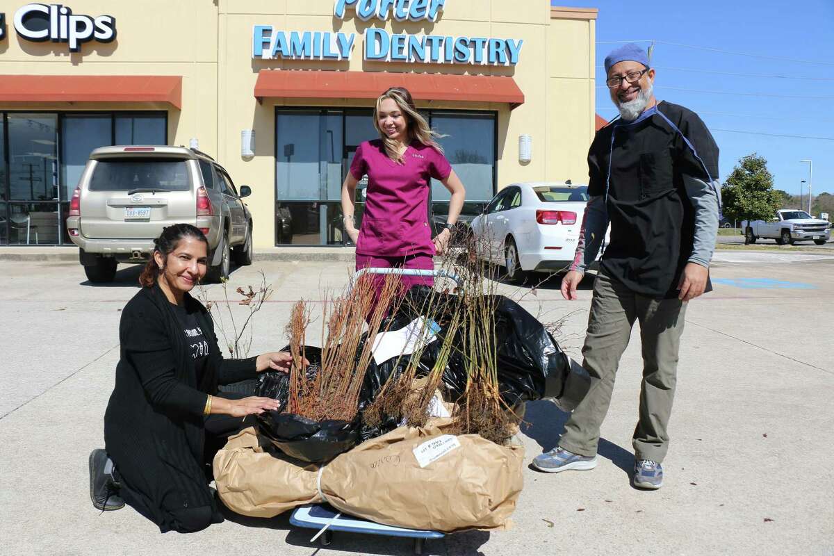 Porter Family Dentistry is getting ready for their annual Root For A Greener Tomorrow tree giveaway on Saturday from 9 a.m. to noon or while supplies last. The trees are free of charge. From left, Office Manager Sabrina Yamani, Dental Assistant Vivian Nunez, and dentist Dr. Mustafa Yamani.