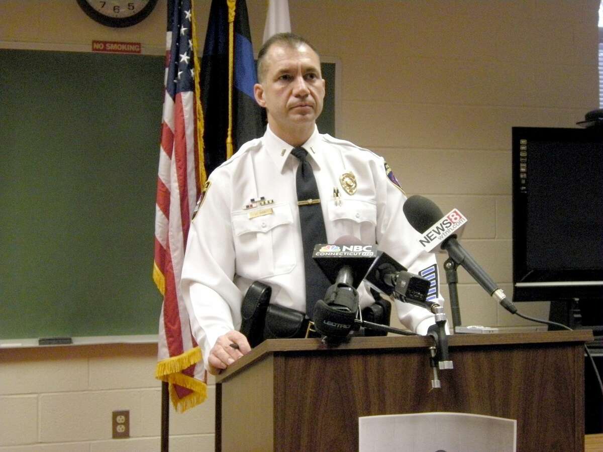 New Milford Police Lt. James Duda speaking at the press conference Tuesday announcing the arrest of Preston Carlisle Hanlon for the robbery of a Webster Bank branch in New Milford. Photo by Scott Benjamin.