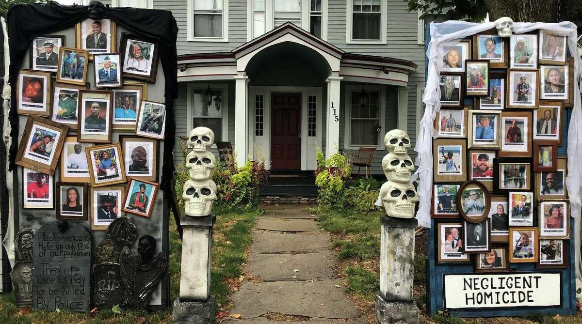 The "Halloween House" on Main Street in West Hartford, Conn. The Warshauer family, who live in the house, used this year's display to focus on the COVID-19 pandemic and the Black Lives Matter movement.