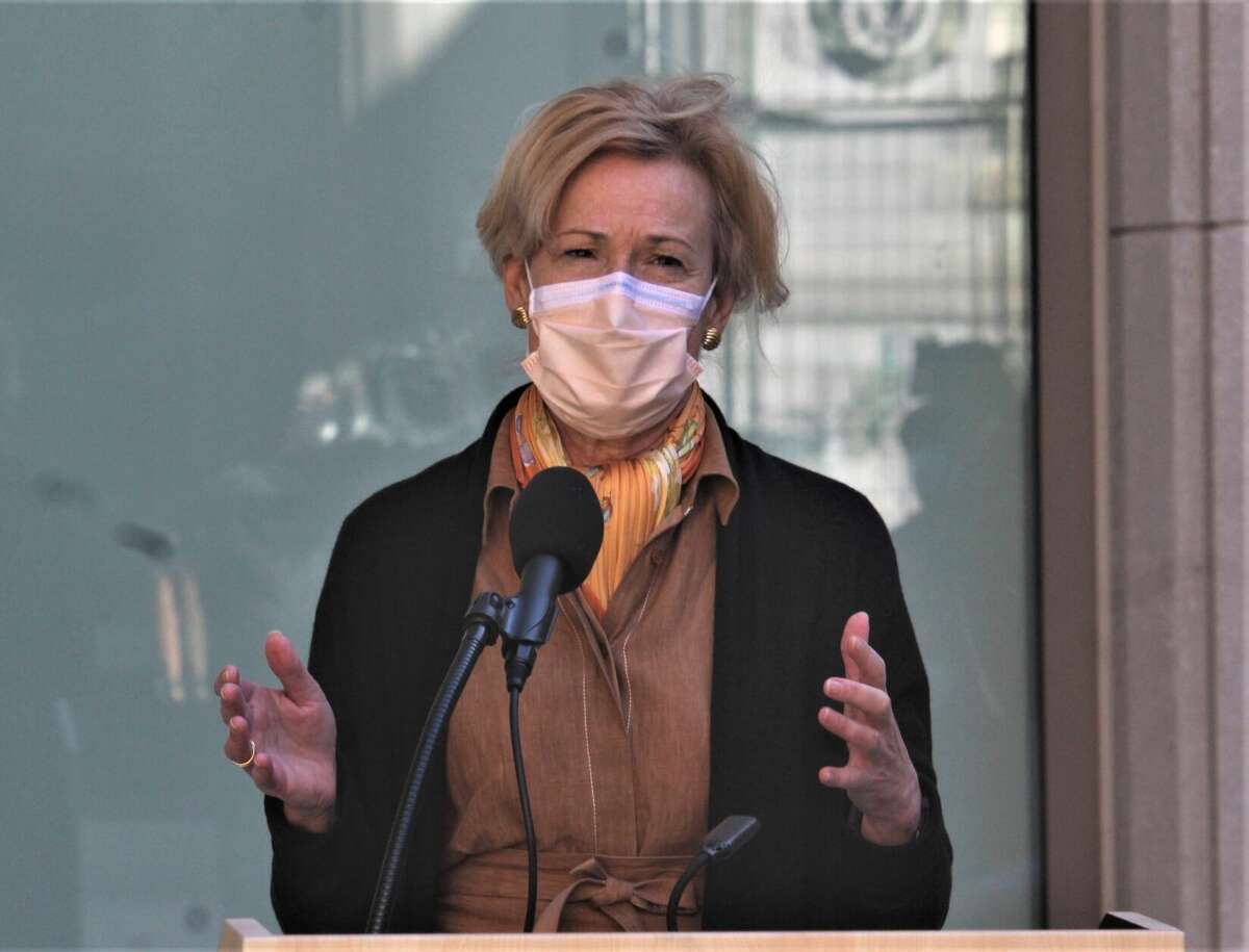 Dr. Deborah Birx, the White House coronavirus adviser, spoke with the media in a windy courtyard after meeting with government and UConn leaders at the University of Connecticut Hartford campus on Thursday.