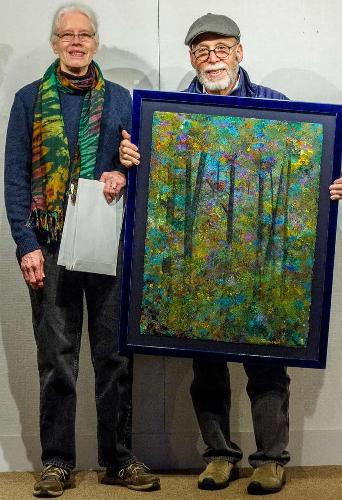 Steven Tanenbaum, of New Milford, receives an "Award of Excellence" for his acrylic, “Enchanted Forest."
