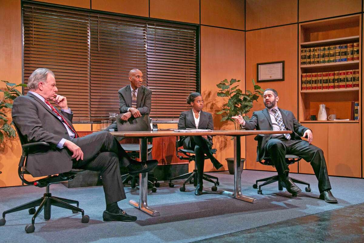 Will Jeffries (Charles), Kevin Knight (Henry), Danique Ashley (Susan), Aaron Kaplan (Jack) at the conference table in "Race."