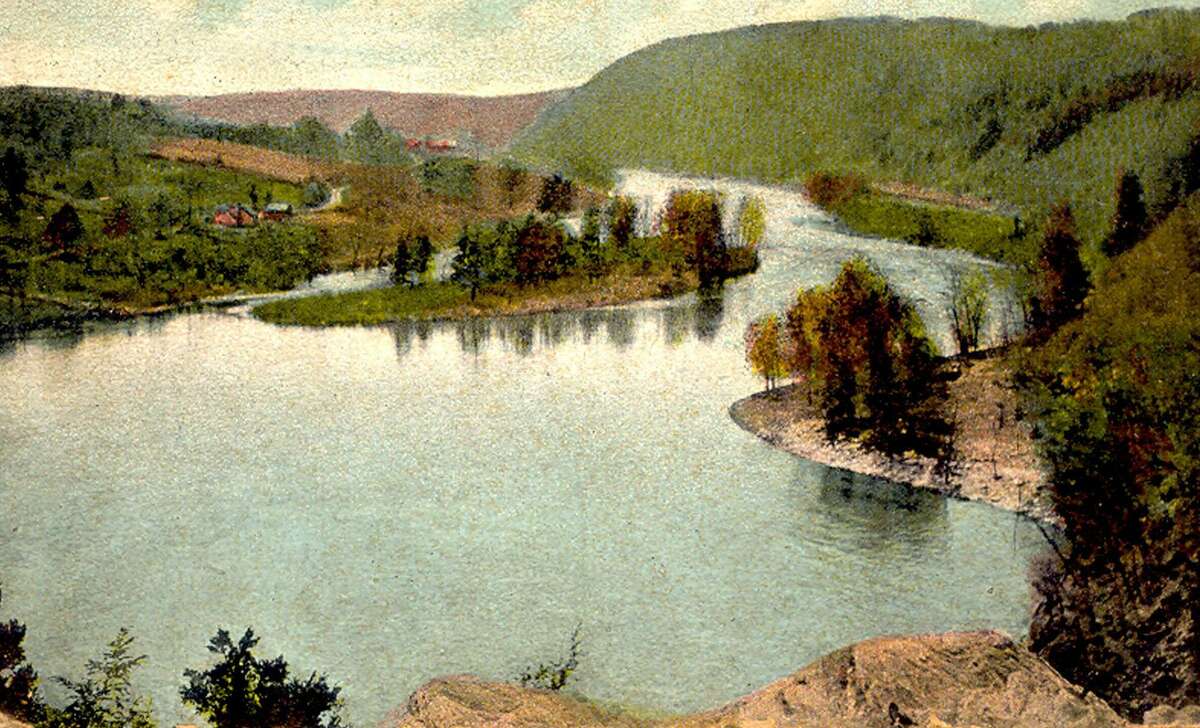 This postcard, dated Aug. 10, 1915, depicts The Cove below Lover’s Leap on the Housatonic River, pre-dating Lake Lillinonah, at the intersection of the towns of New Milford, Bridgewater and Brookfield.
