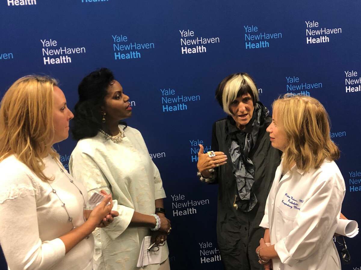 From left, Pamela Mautte, director of the Alliance for Prevention and Wellness; Renée Coleman-Mitchell, commissioner of the state Department of Public Health; U.S. Rep. Rosa DeLauro, D-3; and Dr. Pnina Weiss, medical director for the Pediatric Pulmonary Function Laboratory at Yale New Haven Children’s Hospital, called for a ban on e-cigarettes and vaping materials at a press conference Friday, Sept. 13, 2019, at 55 Park St., New Haven.