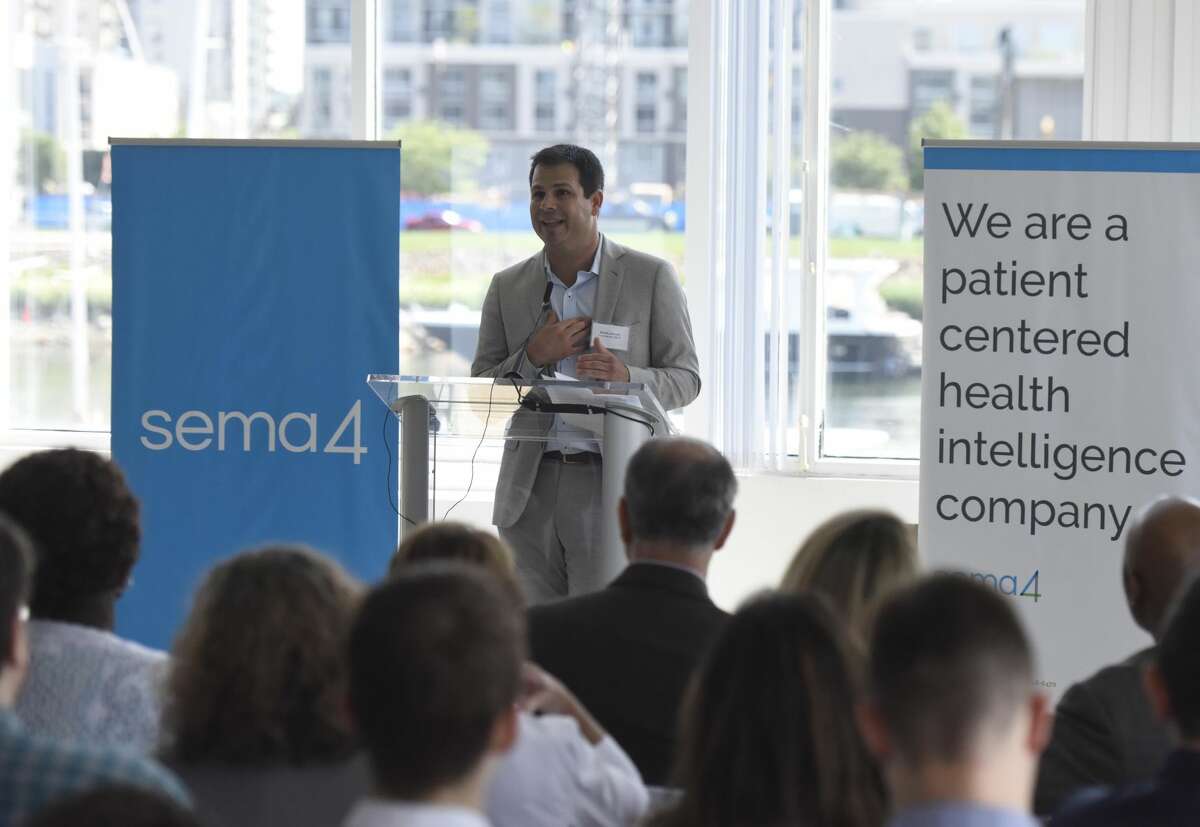 Department of Economic and Community Development Commissioner David Lehman speaks during the ground breaking of genomic testing firm Sema4's lab site in the Waterside section of Stamford, Conn. Thursday, Aug. 1, 2019. Sema4 is a health intelligence company that uses advanced network analysis to build accurate models of individuals' health and deliver personalized insights for patients. U.S. Rep. Jim Himes and several local politicians attended the tour of the new Southfield Avenue facility and spoke of the importance of genomic testing and Sema4's mission.