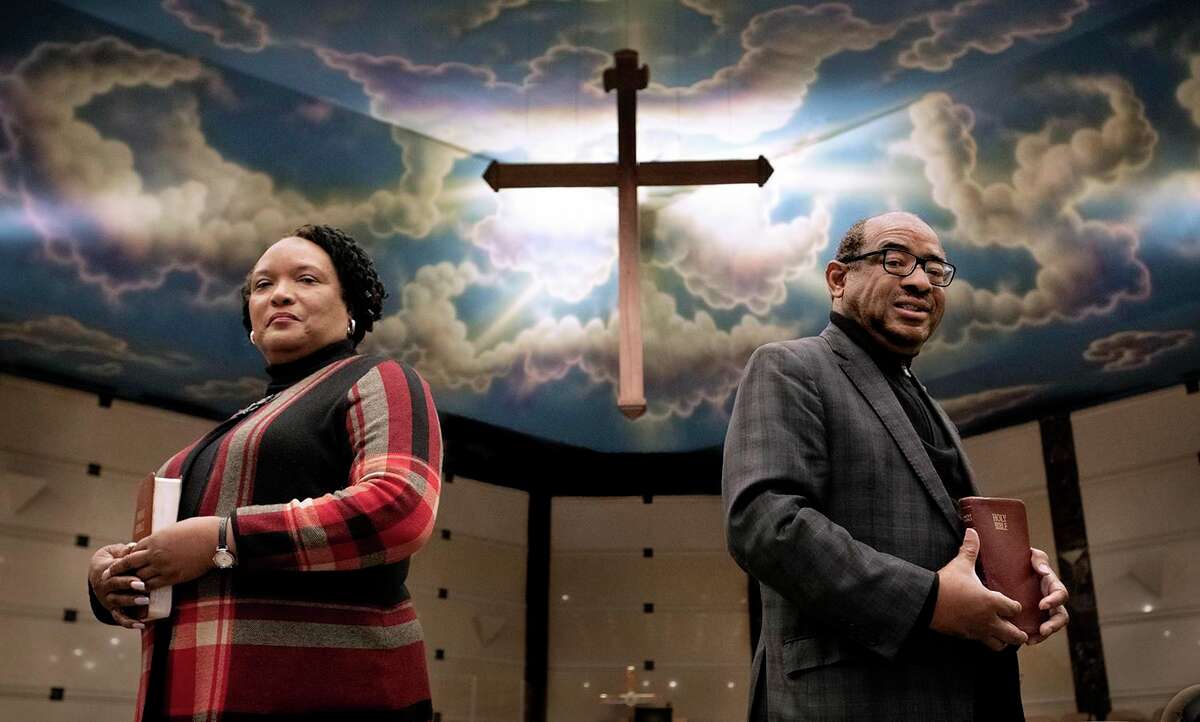 The Rev. Robyn Anderson (L) and Rev. Moses Harvill at Cross Center Church in Middletown. They are working together to provide services during this time of social distancing.