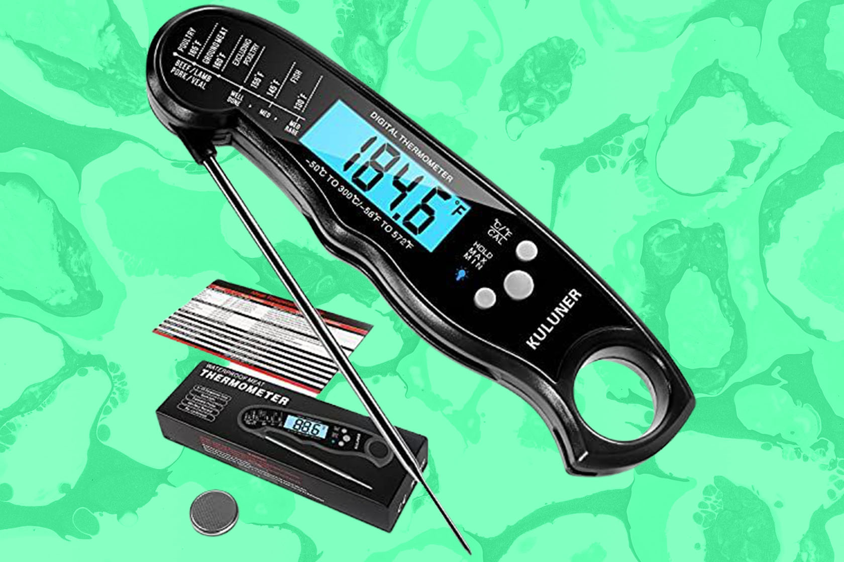 KULUNER TP-01 Waterproof Digital Instant Read Meat LCD Thermometer with  4.6” Folding Probe Backlight & Calibration Function for Cooking Food Candy