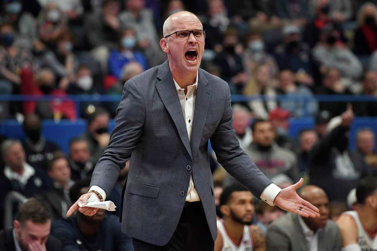 Connecticut head coach Dan Hurley reacts in the second half of an NCAA college basketball game against Marquette, Tuesday, Feb. 8, 2022, in Hartford, Conn. (AP Photo/Jessica Hill)