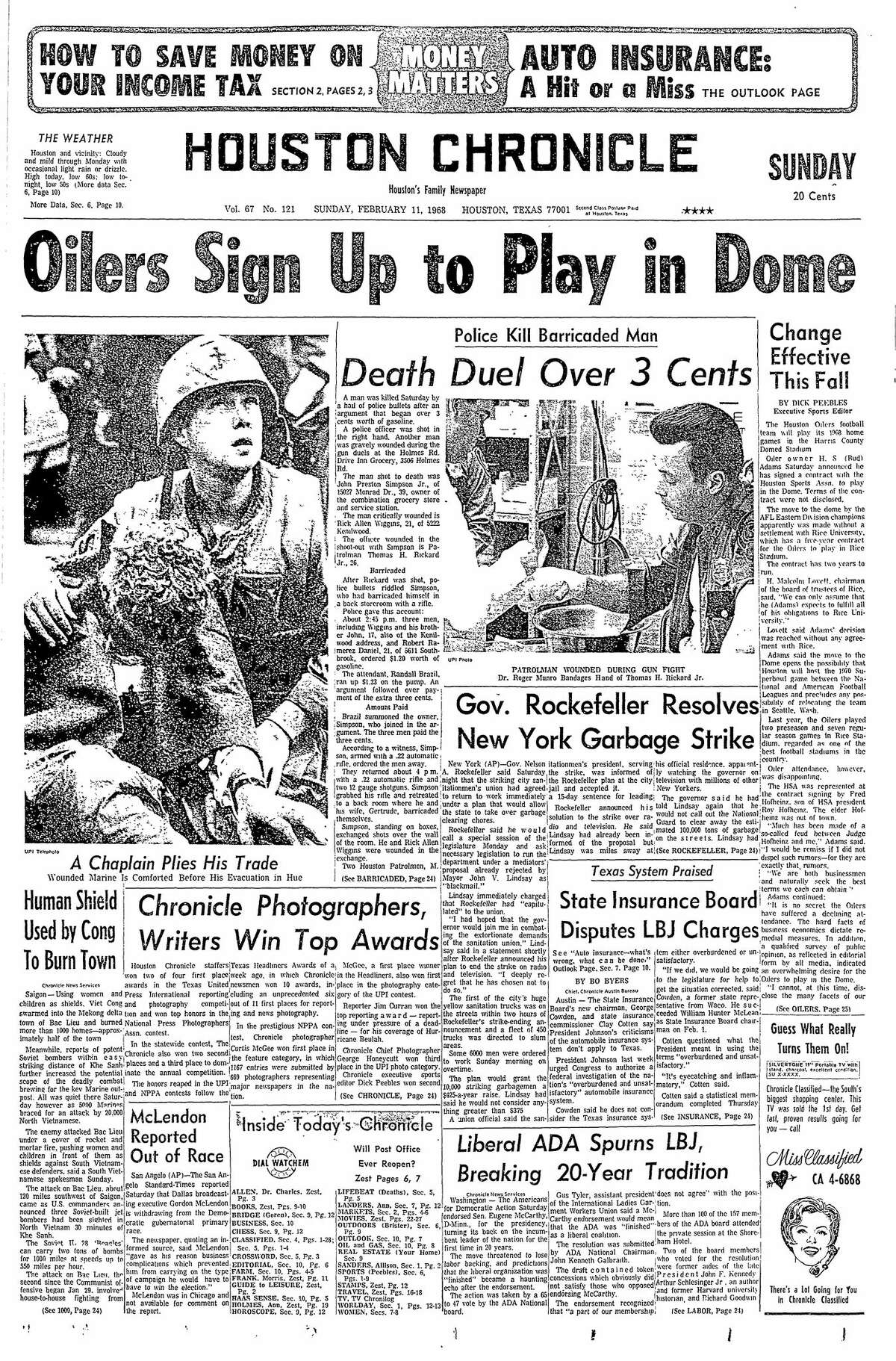 Houston Chronicle front page for Feb. 11, 1968.